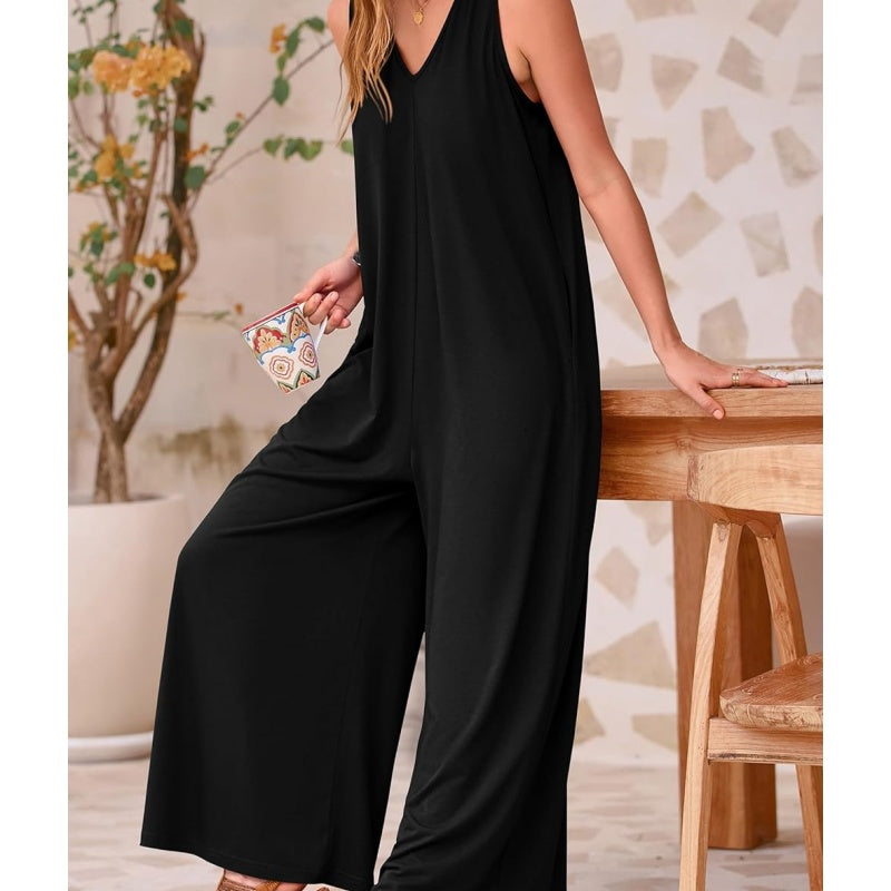 Women's Casual V-Neck Sleeveless Wide Leg Jumpsuit