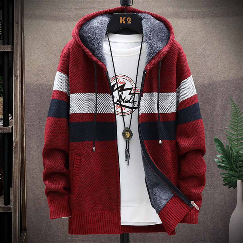 Men's striped knitted jacket with hood