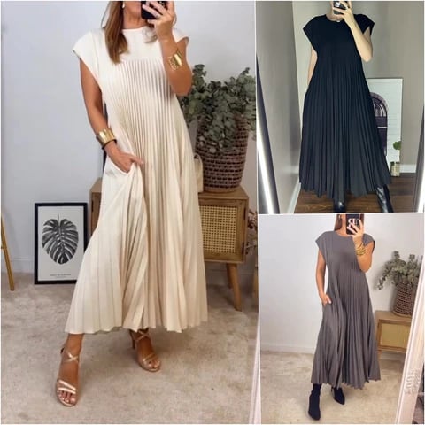 🔥HOT SALE🔥Sleeveless pleated simple solid colour dress