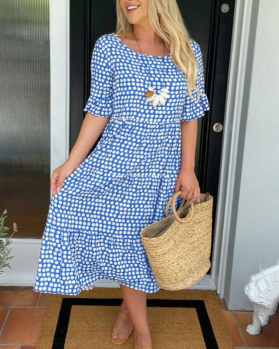 🎁2024 Big Sale🎁💥Round Neck Polka Dot Print Midi Dress