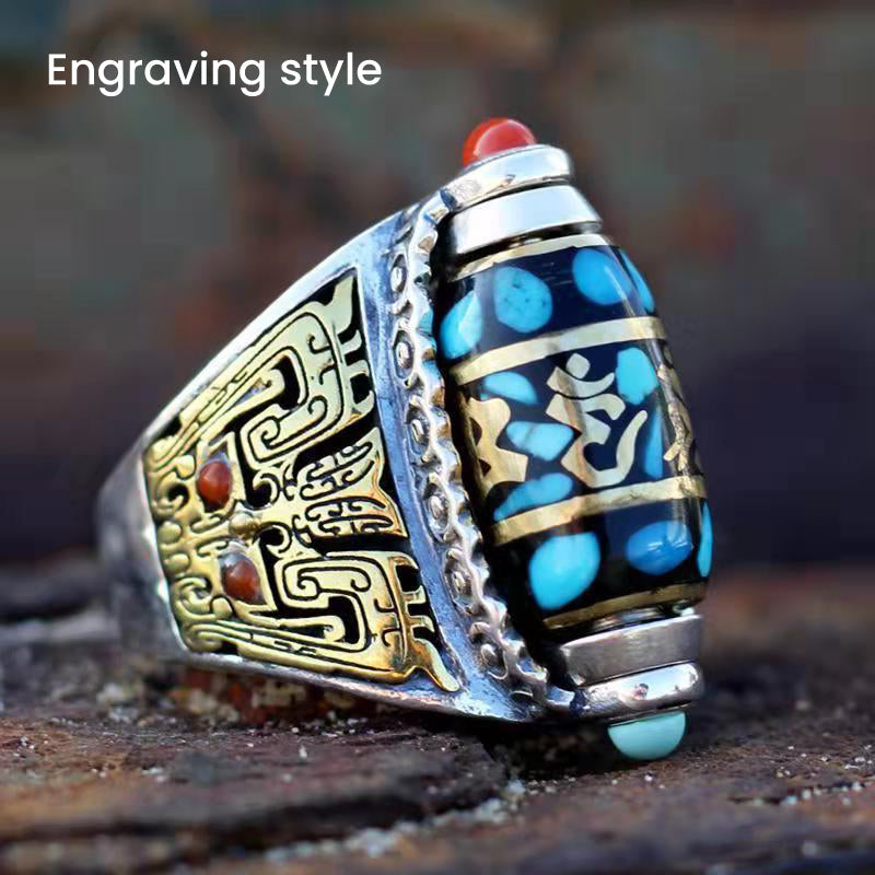 Turquoise Six-character Mantra Nine-eyed Dzi Bead Ring