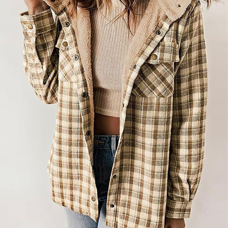 ⏰Free shipping⏰WOMEN'S THICKENED FLANNEL LONG SLEEVE PLAID JACKET COAT WITH HOOD