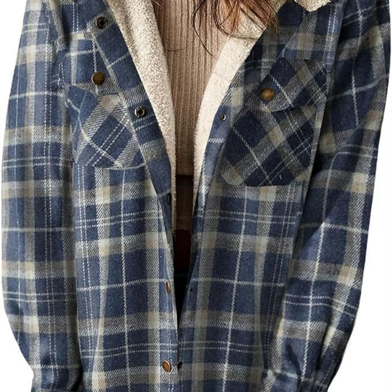 ⏰Free shipping⏰WOMEN'S THICKENED FLANNEL LONG SLEEVE PLAID JACKET COAT WITH HOOD