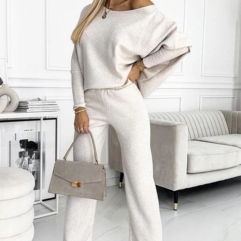 Women's Solid Color Drop Shoulder Pullover and Loose Pants Set