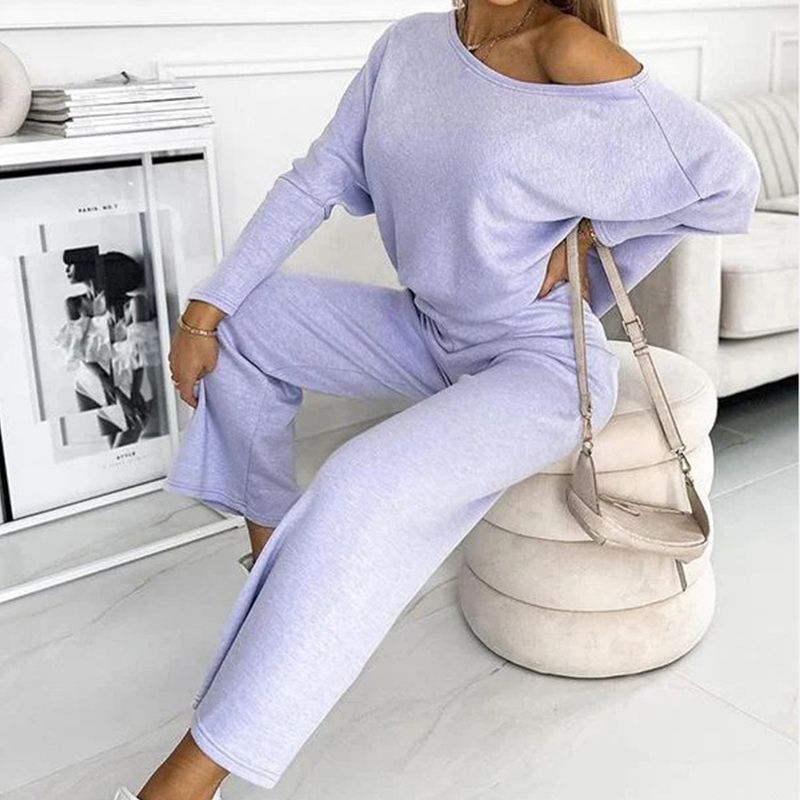 Women's Solid Color Drop Shoulder Pullover and Loose Pants Set