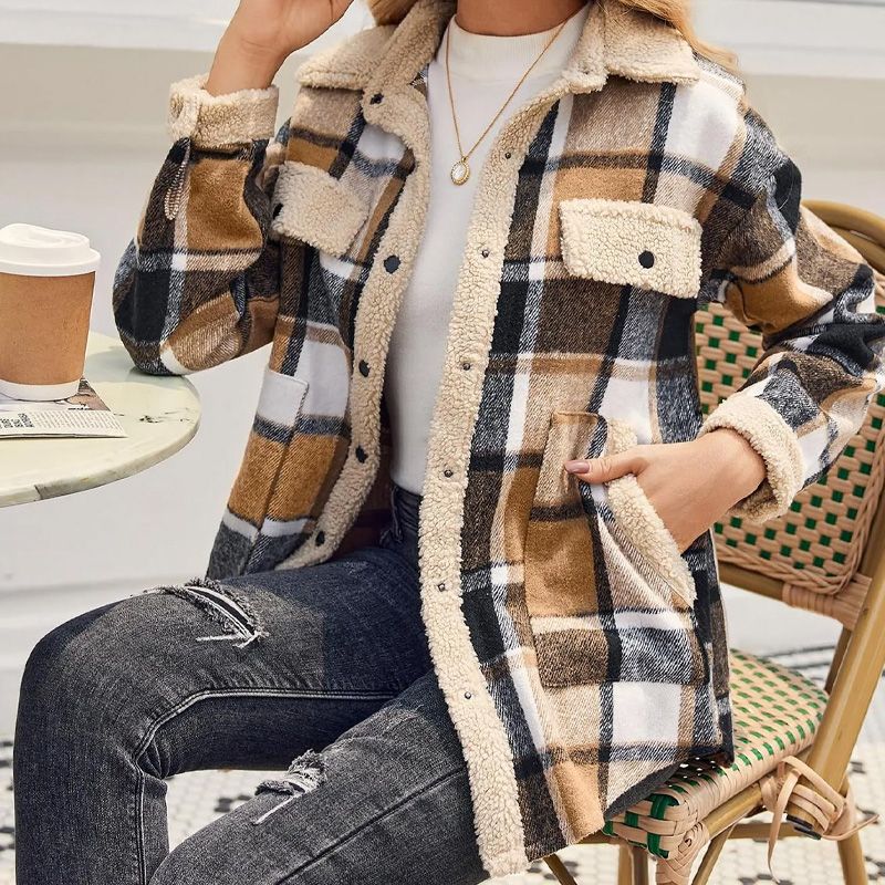 Women’s Casual Sherpa Plaid Long-sleeve Button-down Coat