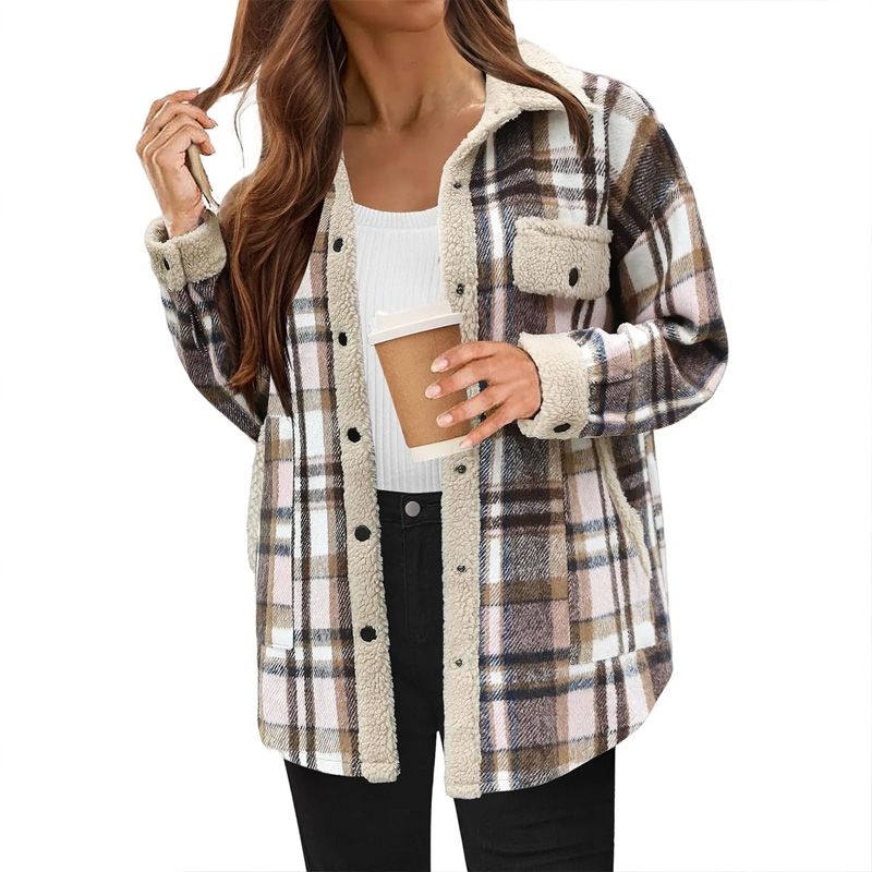 Women’s Casual Sherpa Plaid Long-sleeve Button-down Coat