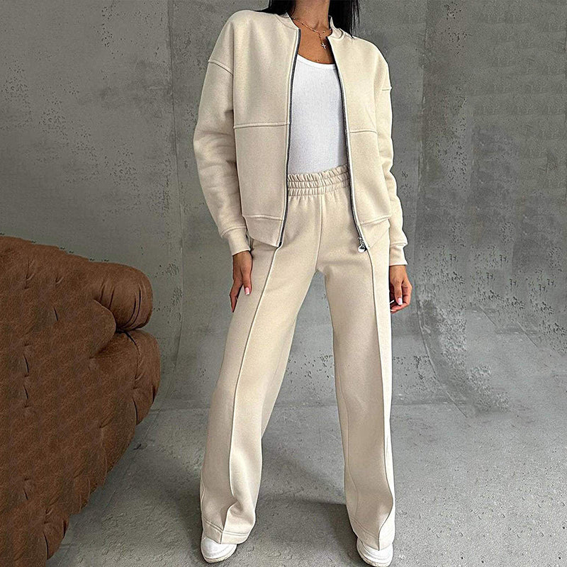 Women's Two-Piece Relaxed Fit Set - Zippered Jacket and Wide-Leg Pants