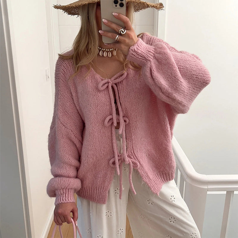 Women's Long Sleeve Tie Front Knit Sweater