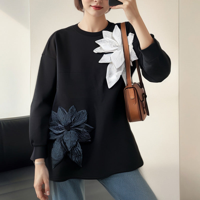 Women's Loose Sweatshirt with 3D Floral Decoration