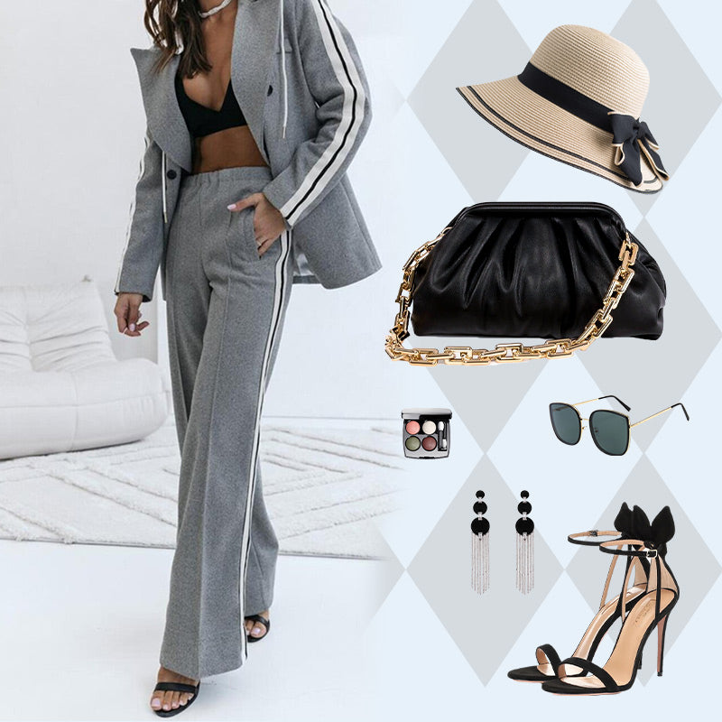 Women’s Casual Gray Blazer Top & Wide-Leg Pants 2-Piece Set