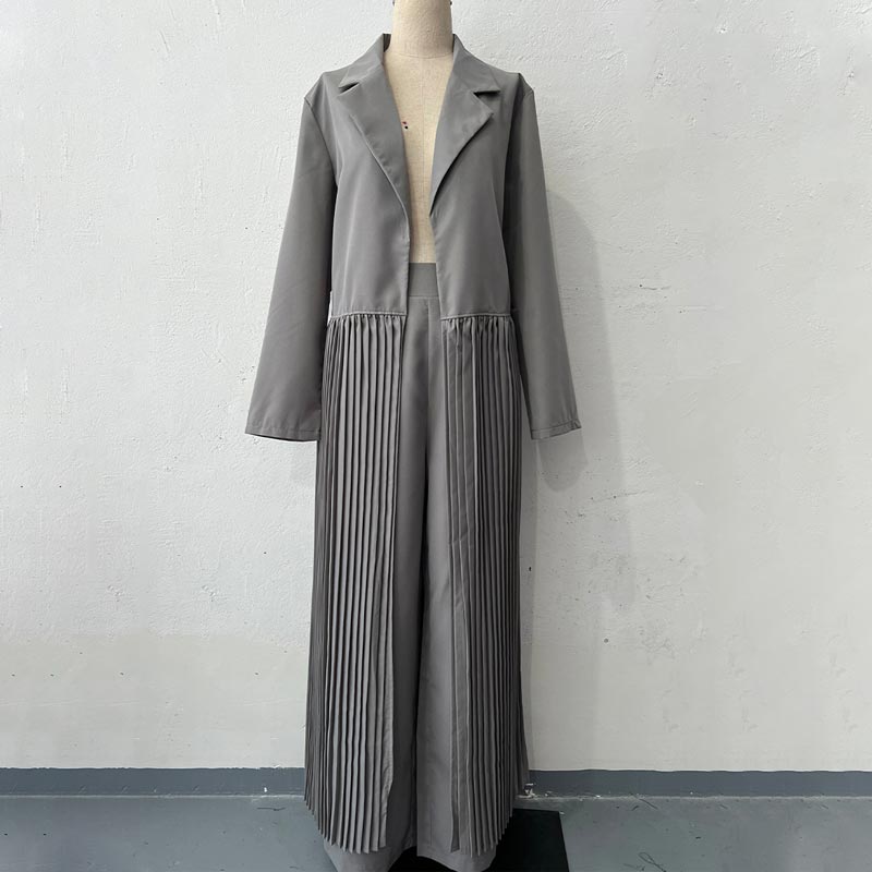 Women’s Chic Notched Lapel Pleated Bottom Maxi Trench Coat And Wide-leg Pants Set