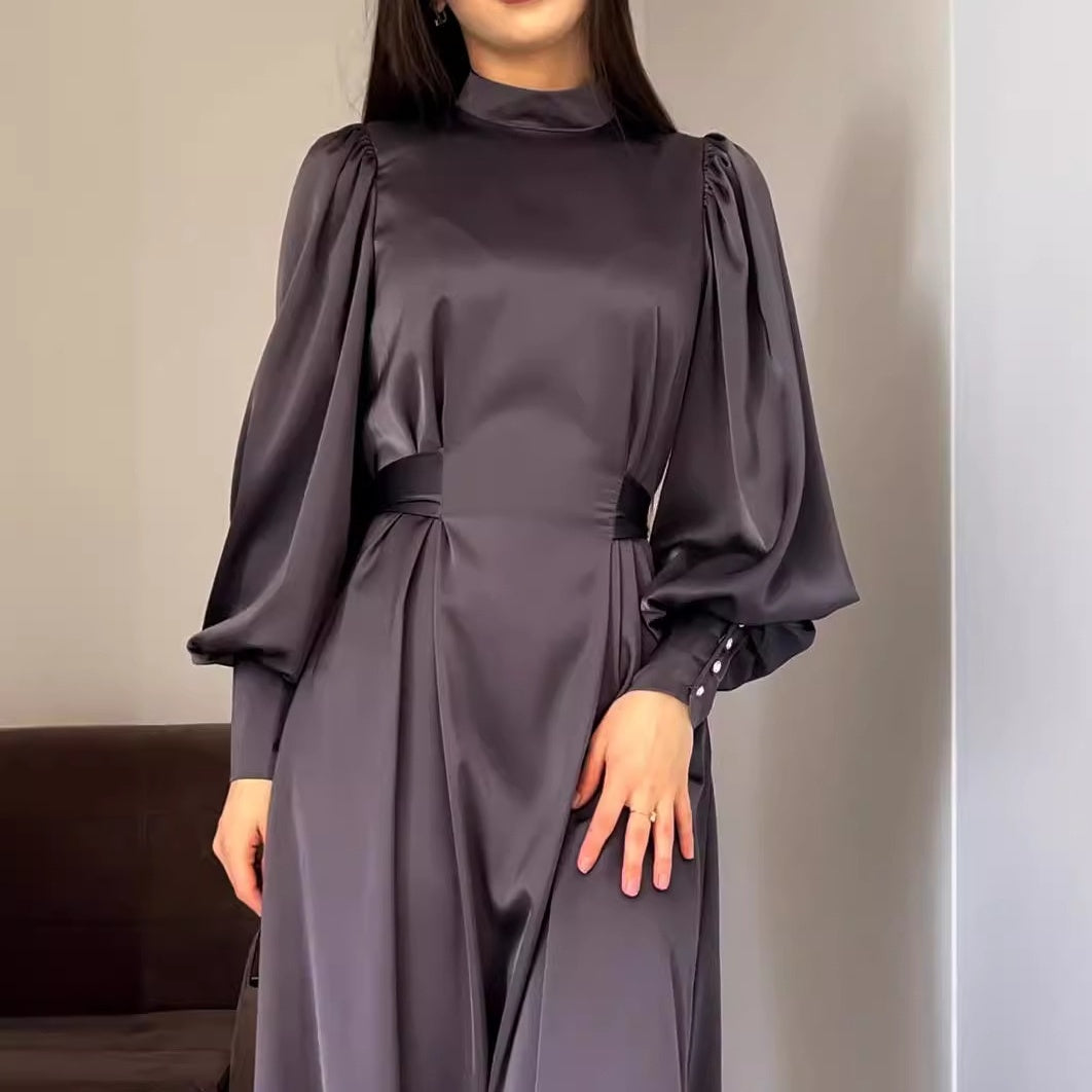 Women's Long Sleeve Tie Waist Pleated Dress