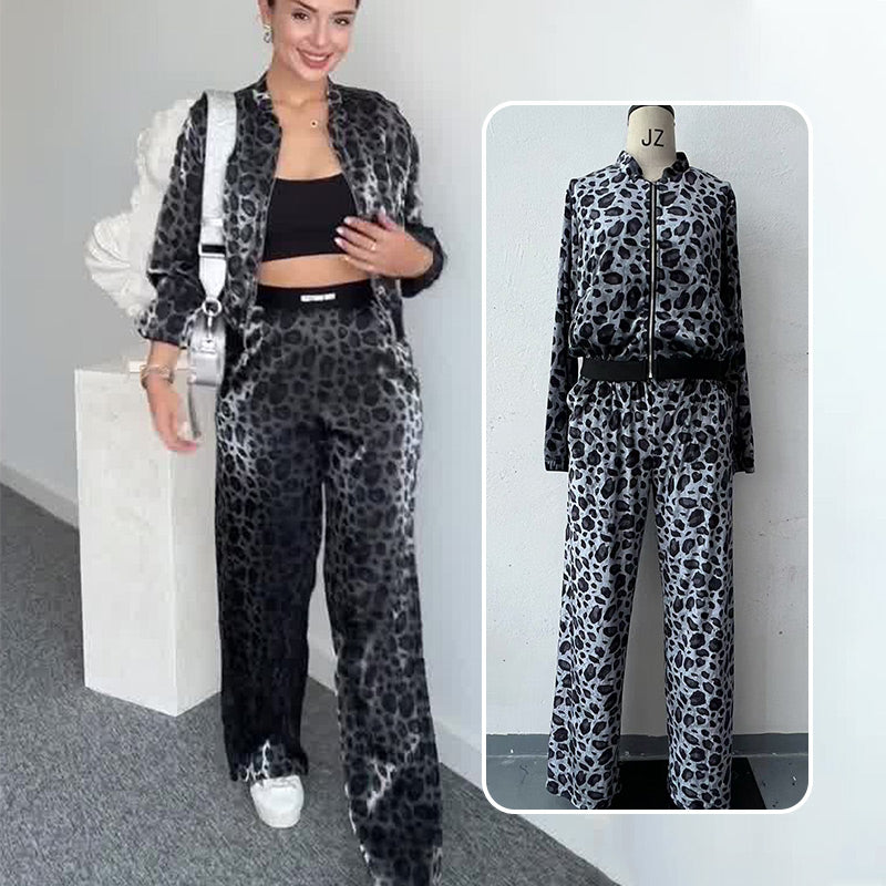 Women's Fashion Leopard 2-Piece Set - Full-Zipper Jacket & Matching Wide-Leg Pants