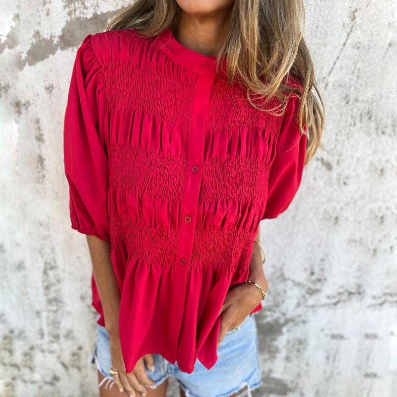 Women’s Casual Pleated Round-neck Button Shirt