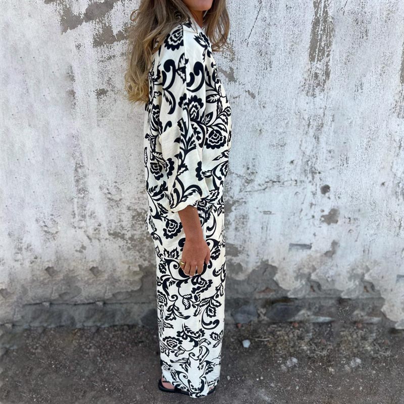 Women’s Stylish Print Lapel Button Shirt and Wide-leg Pants 2-piece Set