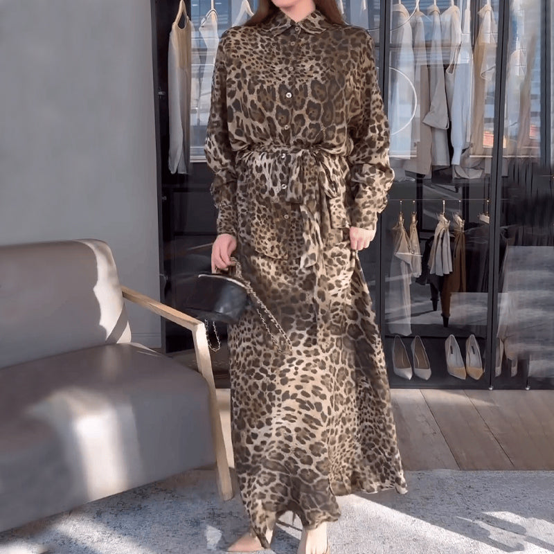 Leopard Print Long Sleeve Shirt & Maxi Skirt Two Piece Set