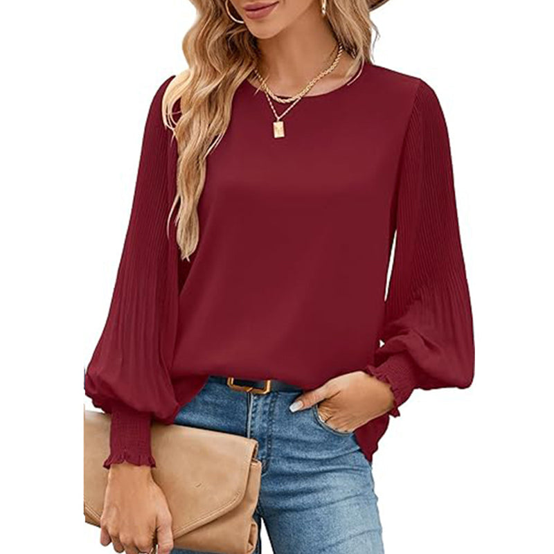 Women's Casual Crew Neck Pleated Lantern Long Sleeve Shirts