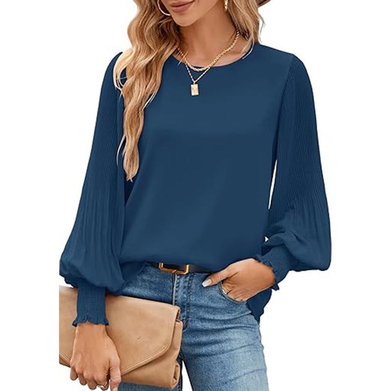 Women's Casual Crew Neck Pleated Lantern Long Sleeve Shirts