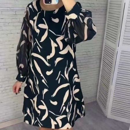 Women's Loose Print Round Neck Long-Sleeve Dress