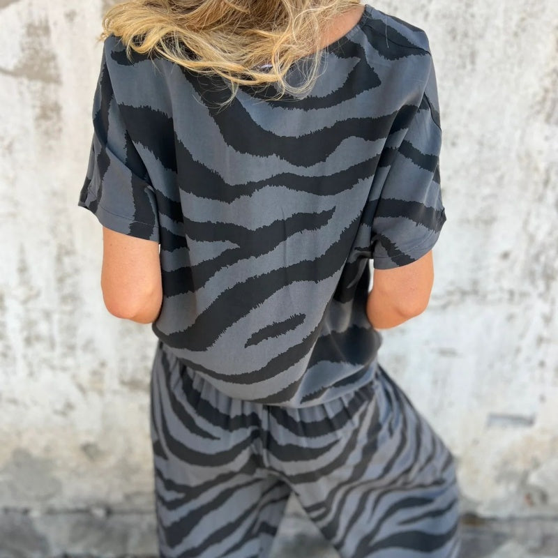 Women's Zebra Print V-Neck Top & Pants Two-Piece Set