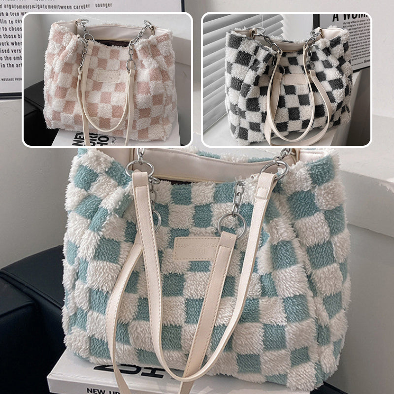 🎁Women's Fashion Plush Plaid Shoulder Tote Bag