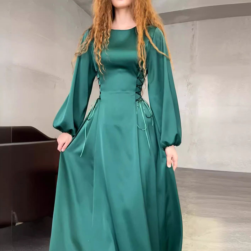 Women's Side-Tie Waist Puff-Sleeve Maxi Dress