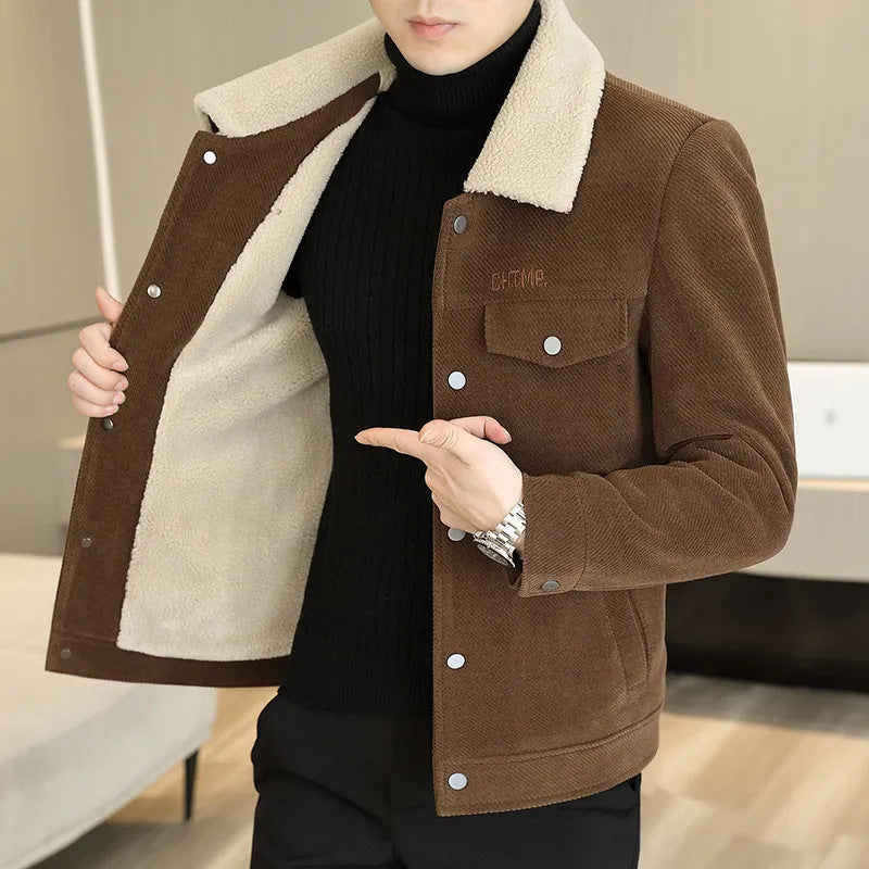 Men's Fashion Lapel Solid Color Button Thickened Jacket