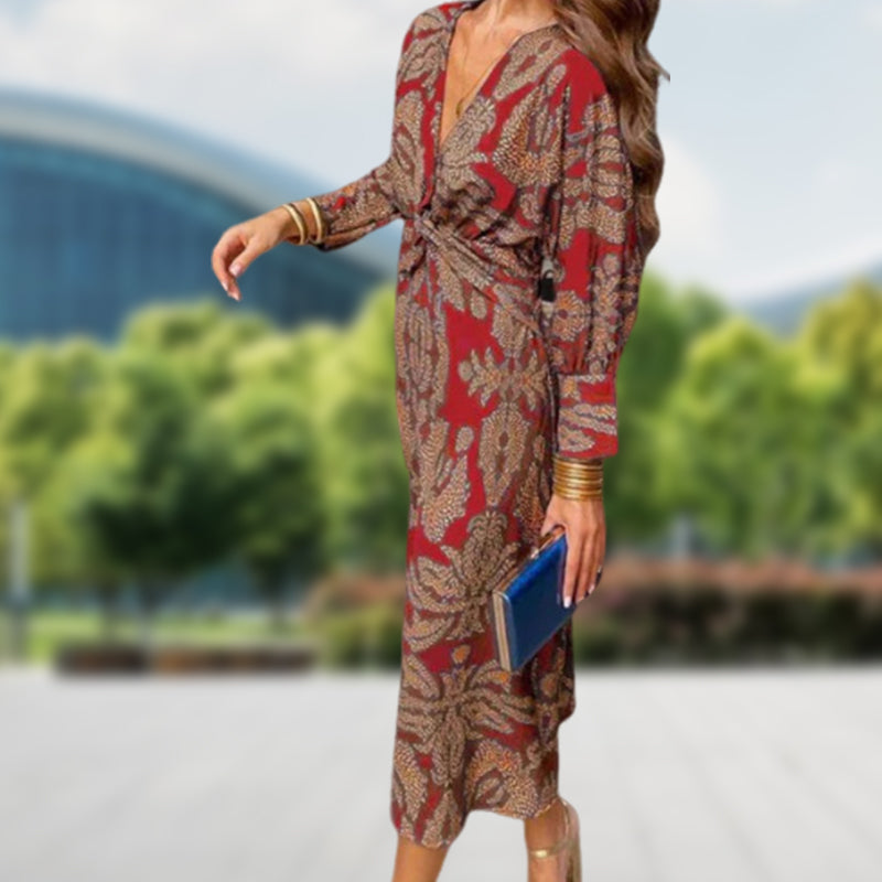 Deep V Neck Midi Dress with Long Sleeves