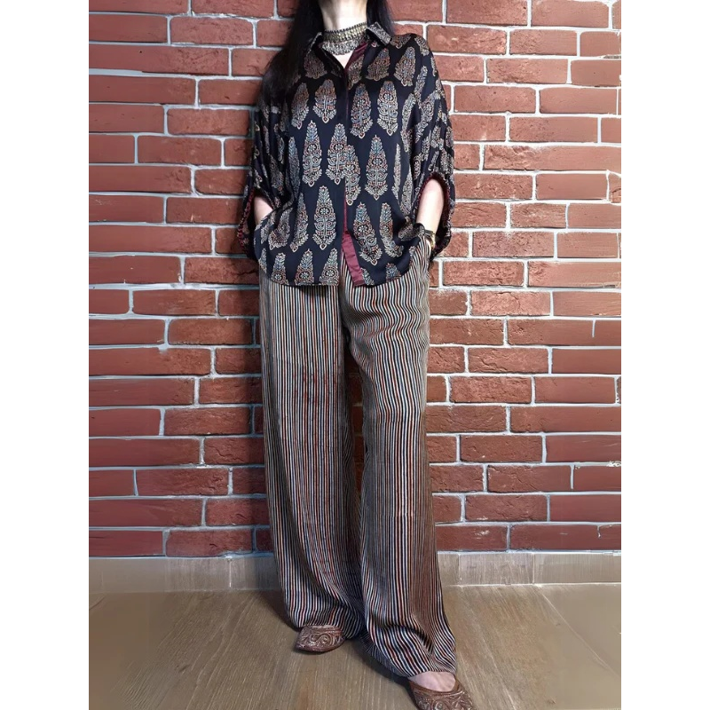 Women's Fashion Loose Casual Printed Shirt and Striped Wide Leg Pants Set