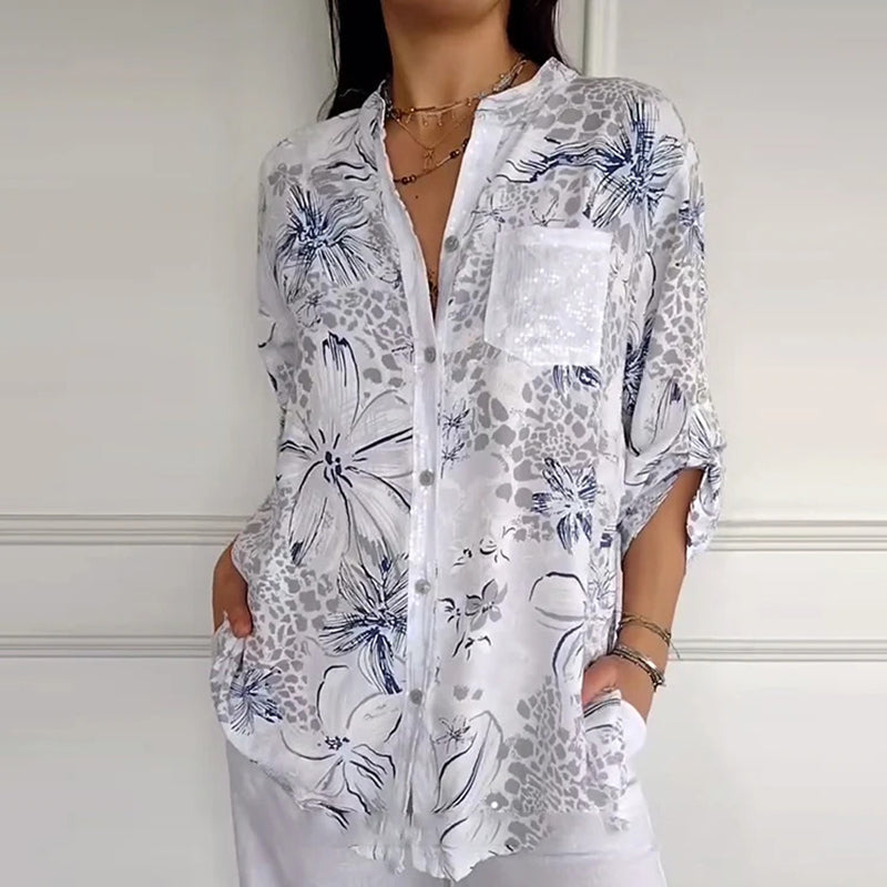 Women’s Stand Floral Collar Printed Shirt