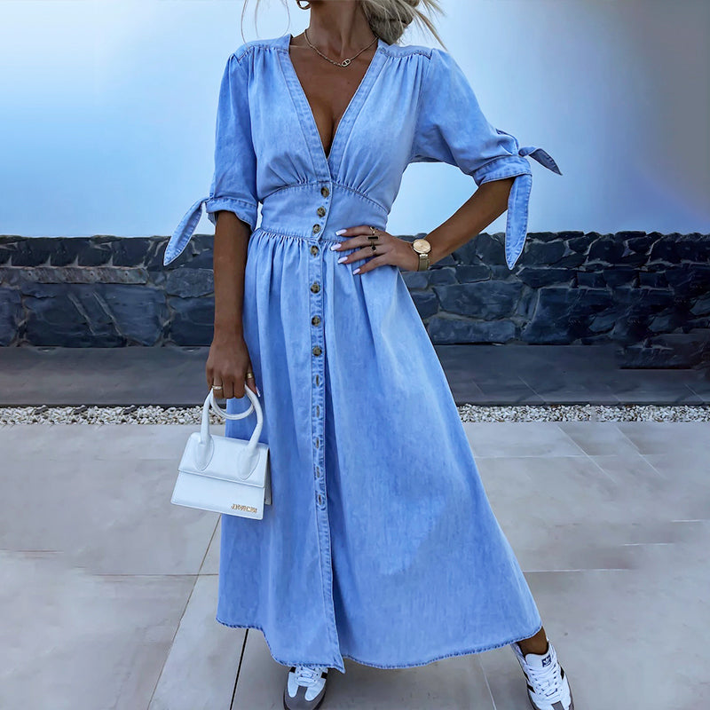 🌸Spring Specials💐 Women's V-Neck Button Down Denim Dress