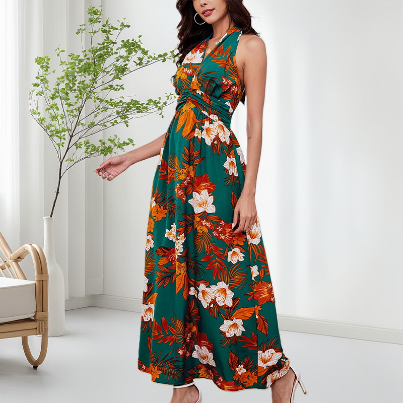 Women's Boho Floral Strap V Neck Halter Dress