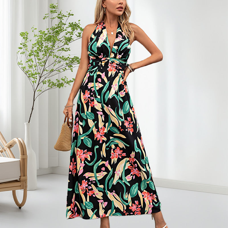 Women's Boho Floral Strap V Neck Halter Dress