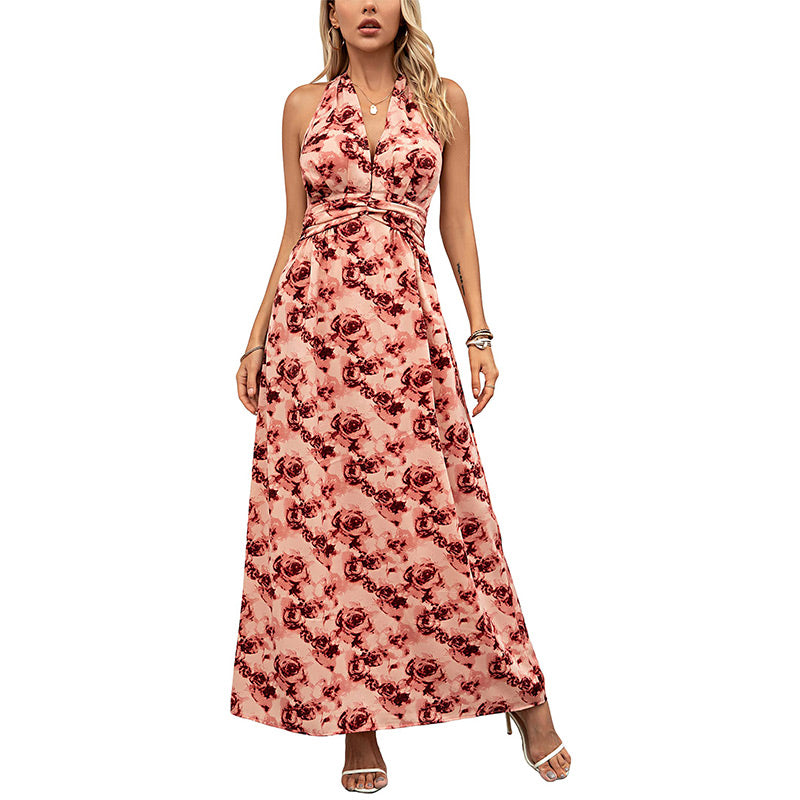 Women's Boho Floral Strap V Neck Halter Dress