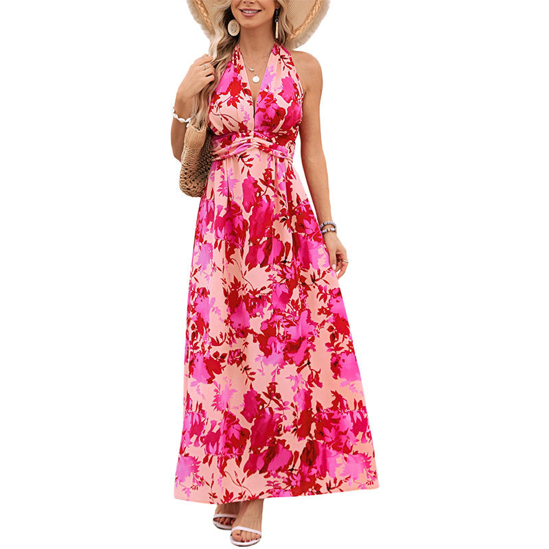 Women's Boho Floral Strap V Neck Halter Dress